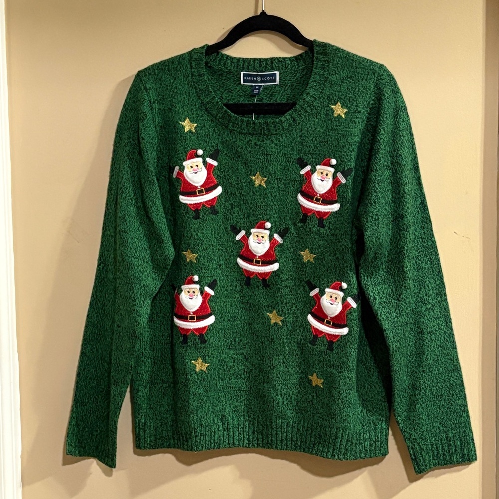 Christmas Sweater with Appliqué Santas and Gold Stars XL